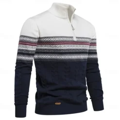 Best OUKU Men's Pullover Sweater Jumper Ribbed Knit Standing Collar Clothing Apparel Bishop Sleeve Spring & Fall White Navy Blue S M L