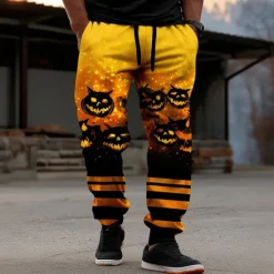 Best OUKU Men's Pumpkin Bat Halloween Costumes Sweatpants Joggers Trousers Mid Waist Drawstring Elastic Waist Casual Jogging Streetwear Workout Athletic Sweatpants with Pockets Spring Fall 3D Print Yellow