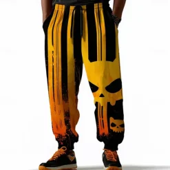 Best OUKU Men's Pumpkin Bat Halloween Costumes Sweatpants Joggers Trousers Mid Waist Drawstring Elastic Waist Casual Jogging Streetwear Workout Athletic Sweatpants with Pockets Spring Fall 3D Print Yellow