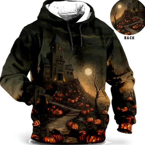 Hot OUKU Men's Pumpkin Graphic Prints Hoodie Hoodies Sweatshirt Daily Classic Long Sleeve Hooded Halloween Holiday Going out Blue Brown Print Spring & Fall Designer