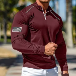 Discount OUKU Men's Quarter Zip Polo American Flag Polo Shirt Street Vacation Quarter Zip Long Sleeve Fashion Basic National Flag Pocket Spring & Fall Regular Fit Red Blue Light Grey Dark Grey Quarter Zip Polo