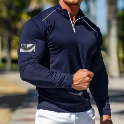 Discount OUKU Men's Quarter Zip Polo American Flag Polo Shirt Street Vacation Quarter Zip Long Sleeve Fashion Basic National Flag Pocket Spring & Fall Regular Fit Red Blue Light Grey Dark Grey Quarter Zip Polo