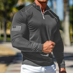 Discount OUKU Men's Quarter Zip Polo American Flag Polo Shirt Street Vacation Quarter Zip Long Sleeve Fashion Basic National Flag Pocket Spring & Fall Regular Fit Red Blue Light Grey Dark Grey Quarter Zip Polo