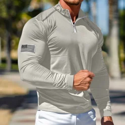 Discount OUKU Men's Quarter Zip Polo American Flag Polo Shirt Street Vacation Quarter Zip Long Sleeve Fashion Basic National Flag Pocket Spring & Fall Regular Fit Red Blue Light Grey Dark Grey Quarter Zip Polo