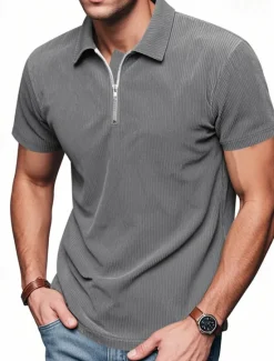 New OUKU Men's Quarter Zip Polo Golf Shirt Daily Holiday Quarter Zip Short Sleeve Fashion Basic Plain Zip Up Summer Spring Regular Fit Black White Blue Khaki Gray Quarter Zip Polo