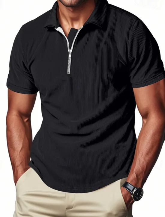 New OUKU Men's Quarter Zip Polo Golf Shirt Daily Holiday Quarter Zip Short Sleeve Fashion Basic Plain Zip Up Summer Spring Regular Fit Black White Blue Khaki Gray Quarter Zip Polo