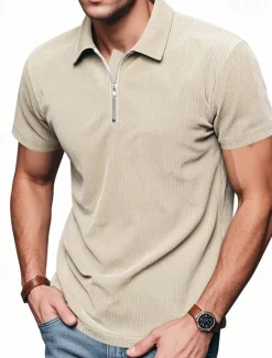 New OUKU Men's Quarter Zip Polo Golf Shirt Daily Holiday Quarter Zip Short Sleeve Fashion Basic Plain Zip Up Summer Spring Regular Fit Black White Blue Khaki Gray Quarter Zip Polo