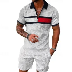 Discount OUKU Men's Quarter Zip Polo Golf Shirt Daily Holiday Quarter Zip Short Sleeve Fashion Basic Color Block 2 Piece Spring & Summer Regular Fit White Red Quarter Zip Polo