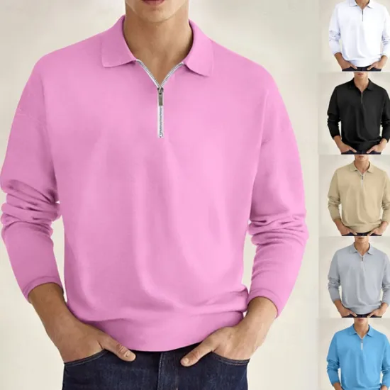 Online OUKU Men's Quarter Zip Polo Golf Shirt Daily Holiday Lapel Long Sleeve Fashion Modern Plain Spring & Fall Regular Fit Black White Pink Wine Navy Blue Royal Blue Quarter Zip Polo