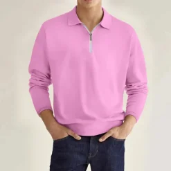 Online OUKU Men's Quarter Zip Polo Golf Shirt Daily Holiday Lapel Long Sleeve Fashion Modern Plain Spring & Fall Regular Fit Black White Pink Wine Navy Blue Royal Blue Quarter Zip Polo