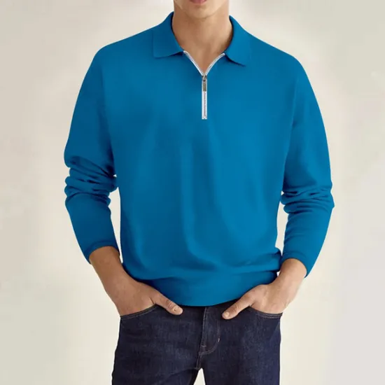 Online OUKU Men's Quarter Zip Polo Golf Shirt Daily Holiday Lapel Long Sleeve Fashion Modern Plain Spring & Fall Regular Fit Black White Pink Wine Navy Blue Royal Blue Quarter Zip Polo