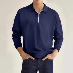 Online OUKU Men's Quarter Zip Polo Golf Shirt Daily Holiday Lapel Long Sleeve Fashion Modern Plain Spring & Fall Regular Fit Black White Pink Wine Navy Blue Royal Blue Quarter Zip Polo