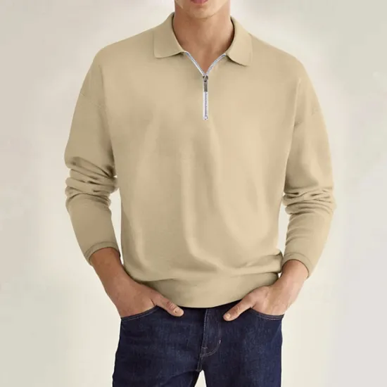Online OUKU Men's Quarter Zip Polo Golf Shirt Daily Holiday Lapel Long Sleeve Fashion Modern Plain Spring & Fall Regular Fit Black White Pink Wine Navy Blue Royal Blue Quarter Zip Polo