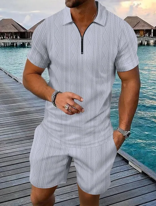 New OUKU Men's Quarter Zip Polo Golf Shirt Daily Holiday Lapel Short Sleeve Fashion Basic Plain 2 Piece Jacquard Summer Regular Fit Black White Blue Khaki Army Green Gray Quarter Zip Polo