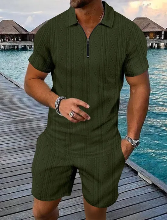 New OUKU Men's Quarter Zip Polo Golf Shirt Daily Holiday Lapel Short Sleeve Fashion Basic Plain 2 Piece Jacquard Summer Regular Fit Black White Blue Khaki Army Green Gray Quarter Zip Polo