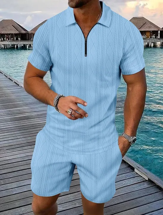 New OUKU Men's Quarter Zip Polo Golf Shirt Daily Holiday Lapel Short Sleeve Fashion Basic Plain 2 Piece Jacquard Summer Regular Fit Black White Blue Khaki Army Green Gray Quarter Zip Polo