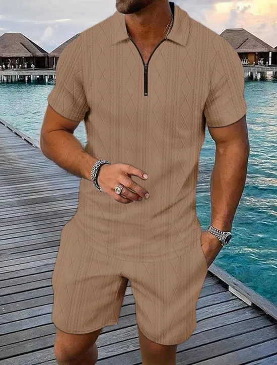 New OUKU Men's Quarter Zip Polo Golf Shirt Daily Holiday Lapel Short Sleeve Fashion Basic Plain 2 Piece Jacquard Summer Regular Fit Black White Blue Khaki Army Green Gray Quarter Zip Polo