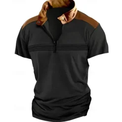 Hot OUKU Men's Quarter Zip Polo Golf Shirt Work Casual Lapel Short Sleeve Basic Modern Color Block Patchwork Summer Regular Fit Black White Sky Blue Khaki Gray Quarter Zip Polo