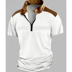 Hot OUKU Men's Quarter Zip Polo Golf Shirt Work Casual Lapel Short Sleeve Basic Modern Color Block Patchwork Summer Regular Fit Black White Sky Blue Khaki Gray Quarter Zip Polo