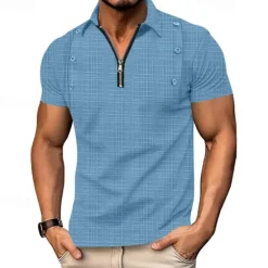 Outlet OUKU Men's Quarter Zip Polo Golf Shirt Daily Holiday Lapel Short Sleeve Fashion Basic Plain Jacquard Summer Regular Fit Black White Navy Blue Khaki Light Sky Blue Gray Quarter Zip Polo