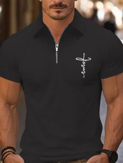 Best OUKU Men's Quarter Zip Polo Golf Shirt Daily Holiday Lapel Short Sleeve Fashion Basic Cross Print Summer Spring Regular Fit Black White Pink Navy Blue Light Sky Blue Quarter Zip Polo