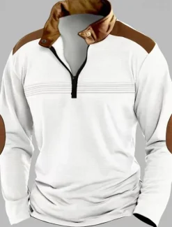 Discount OUKU Men's Quarter Zip Polo Golf Shirt Daily Holiday Quarter Zip Long Sleeve Fashion Modern Color Block Patchwork Spring Fall Regular Fit Black White Pink Red Sky Blue Brown Quarter Zip Polo