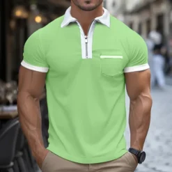 Discount OUKU Men's Quarter Zip Polo Golf Shirt Daily Holiday Turndown Short Sleeve Fashion Basic Patchwork Pocket Spring & Summer Regular Fit Light Blue White Red Green Quarter Zip Polo