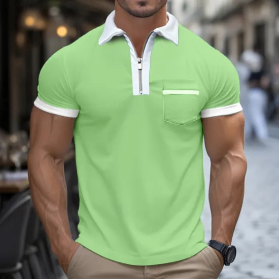 Discount OUKU Men's Quarter Zip Polo Golf Shirt Daily Holiday Turndown Short Sleeve Fashion Basic Patchwork Pocket Spring & Summer Regular Fit Light Blue White Red Green Quarter Zip Polo