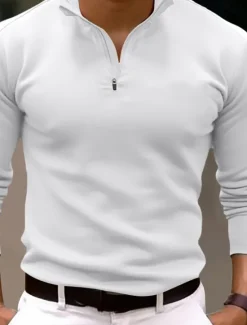 Clearance OUKU Men's Quarter Zip Polo Golf Polos Shirts Outdoor Causal Quarter Zip Long Sleeve Fashion Modern Solid Color Knitted Spring & Fall Standard Fit Black White Navy Blue Dark Green Brown Quarter Zip Polo