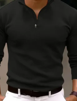 Clearance OUKU Men's Quarter Zip Polo Golf Polos Shirts Outdoor Causal Quarter Zip Long Sleeve Fashion Modern Solid Color Knitted Spring & Fall Standard Fit Black White Navy Blue Dark Green Brown Quarter Zip Polo
