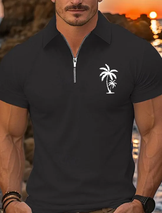 New OUKU Men's Quarter Zip Polo Golf Shirt Daily Holiday Lapel Short Sleeve Fashion Basic Coconut Tree Print Summer Spring Regular Fit Black White Pink Navy Blue Light Sky Blue Quarter Zip Polo