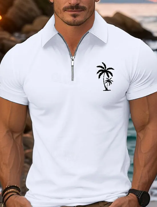 New OUKU Men's Quarter Zip Polo Golf Shirt Daily Holiday Lapel Short Sleeve Fashion Basic Coconut Tree Print Summer Spring Regular Fit Black White Pink Navy Blue Light Sky Blue Quarter Zip Polo
