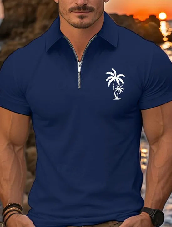 New OUKU Men's Quarter Zip Polo Golf Shirt Daily Holiday Lapel Short Sleeve Fashion Basic Coconut Tree Print Summer Spring Regular Fit Black White Pink Navy Blue Light Sky Blue Quarter Zip Polo