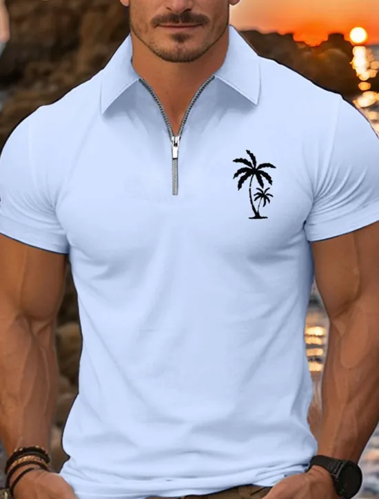 New OUKU Men's Quarter Zip Polo Golf Shirt Daily Holiday Lapel Short Sleeve Fashion Basic Coconut Tree Print Summer Spring Regular Fit Black White Pink Navy Blue Light Sky Blue Quarter Zip Polo