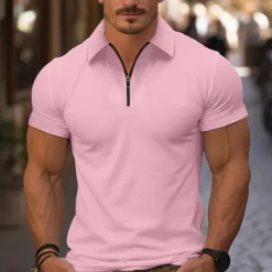 Online OUKU Men's Quarter Zip Polo Golf Shirt Daily Holiday Turndown Short Sleeve Fashion Basic Plain Spring & Summer Regular Fit Light Blue Black White Pink Wine Navy Blue Quarter Zip Polo