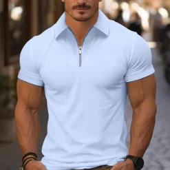 Online OUKU Men's Quarter Zip Polo Golf Shirt Daily Holiday Turndown Short Sleeve Fashion Basic Plain Spring & Summer Regular Fit Light Blue Black White Pink Wine Navy Blue Quarter Zip Polo