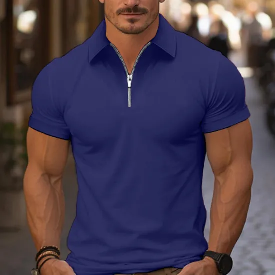 Online OUKU Men's Quarter Zip Polo Golf Shirt Daily Holiday Turndown Short Sleeve Fashion Basic Plain Spring & Summer Regular Fit Light Blue Black White Pink Wine Navy Blue Quarter Zip Polo