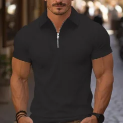 Online OUKU Men's Quarter Zip Polo Golf Shirt Daily Holiday Turndown Short Sleeve Fashion Basic Plain Spring & Summer Regular Fit Light Blue Black White Pink Wine Navy Blue Quarter Zip Polo