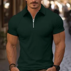 Online OUKU Men's Quarter Zip Polo Golf Shirt Daily Holiday Turndown Short Sleeve Fashion Basic Plain Spring & Summer Regular Fit Light Blue Black White Pink Wine Navy Blue Quarter Zip Polo