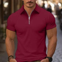 Online OUKU Men's Quarter Zip Polo Golf Shirt Daily Holiday Turndown Short Sleeve Fashion Basic Plain Spring & Summer Regular Fit Light Blue Black White Pink Wine Navy Blue Quarter Zip Polo