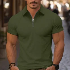 Online OUKU Men's Quarter Zip Polo Golf Shirt Daily Holiday Turndown Short Sleeve Fashion Basic Plain Spring & Summer Regular Fit Light Blue Black White Pink Wine Navy Blue Quarter Zip Polo
