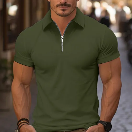 Online OUKU Men's Quarter Zip Polo Golf Shirt Daily Holiday Turndown Short Sleeve Fashion Basic Plain Spring & Summer Regular Fit Light Blue Black White Pink Wine Navy Blue Quarter Zip Polo