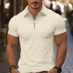 Online OUKU Men's Quarter Zip Polo Golf Shirt Daily Holiday Turndown Short Sleeve Fashion Basic Plain Spring & Summer Regular Fit Light Blue Black White Pink Wine Navy Blue Quarter Zip Polo