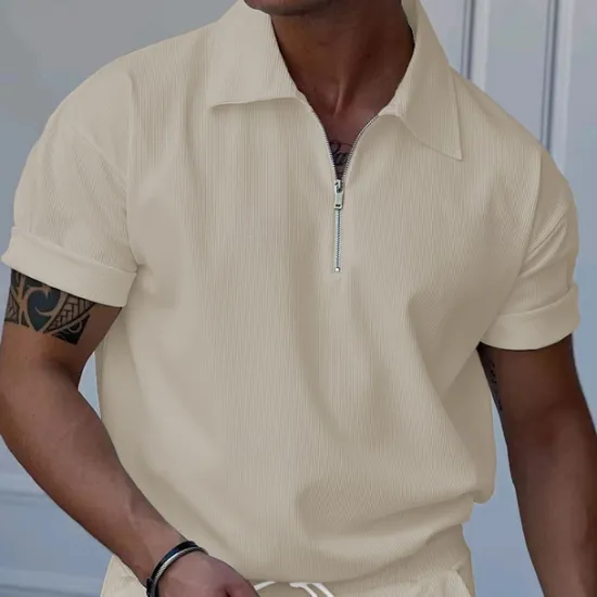Online OUKU Men's Quarter Zip Polo Golf Shirt Daily Holiday Turndown Short Sleeve Fashion Basic Plain Spring & Summer Regular Fit Black White Blue Khaki Light Grey Quarter Zip Polo