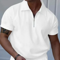 Online OUKU Men's Quarter Zip Polo Golf Shirt Daily Holiday Turndown Short Sleeve Fashion Basic Plain Spring & Summer Regular Fit Black White Blue Khaki Light Grey Quarter Zip Polo