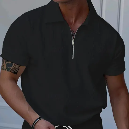 Online OUKU Men's Quarter Zip Polo Golf Shirt Daily Holiday Turndown Short Sleeve Fashion Basic Plain Spring & Summer Regular Fit Black White Blue Khaki Light Grey Quarter Zip Polo