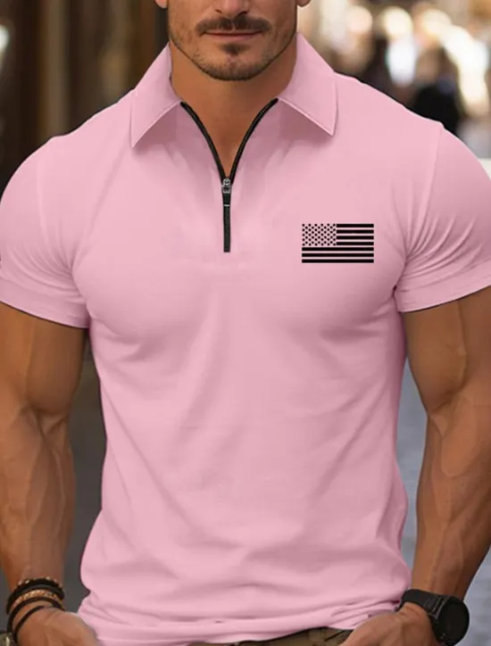 Online OUKU Men's Quarter Zip Polo Golf Shirt Daily Holiday Lapel Short Sleeve Fashion Basic National Flag Print Summer Spring Regular Fit Black White Pink Navy Blue Light Sky Blue Quarter Zip Polo