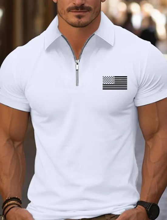 Online OUKU Men's Quarter Zip Polo Golf Shirt Daily Holiday Lapel Short Sleeve Fashion Basic National Flag Print Summer Spring Regular Fit Black White Pink Navy Blue Light Sky Blue Quarter Zip Polo