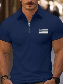 Online OUKU Men's Quarter Zip Polo Golf Shirt Daily Holiday Lapel Short Sleeve Fashion Basic National Flag Print Summer Spring Regular Fit Black White Pink Navy Blue Light Sky Blue Quarter Zip Polo