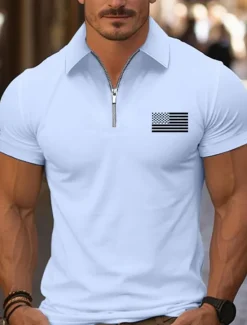 Online OUKU Men's Quarter Zip Polo Golf Shirt Daily Holiday Lapel Short Sleeve Fashion Basic National Flag Print Summer Spring Regular Fit Black White Pink Navy Blue Light Sky Blue Quarter Zip Polo
